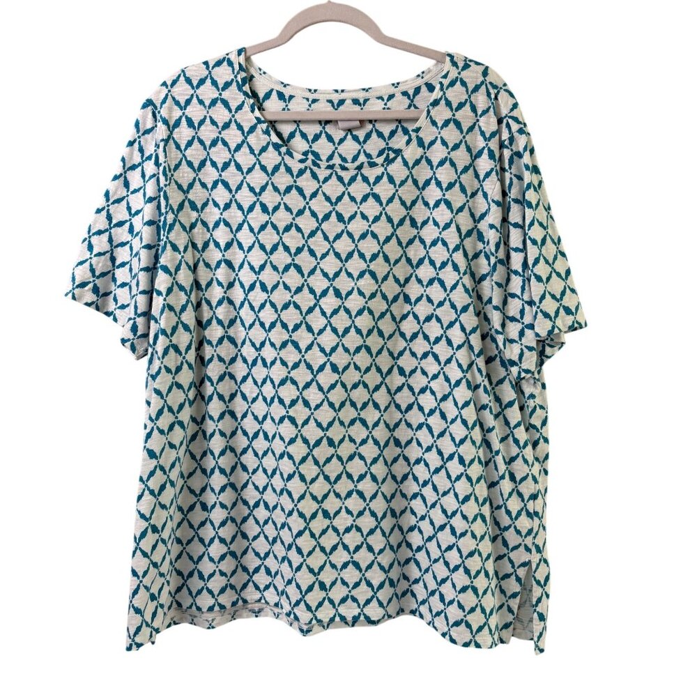 Chicos T‎ Shirt Womens 4 US XXL 2XL Blue White Diamond Back Button Detail Top